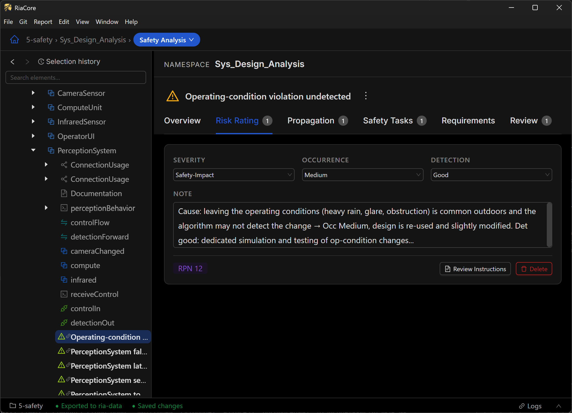 RiaCore desktop app — safety analysis working area